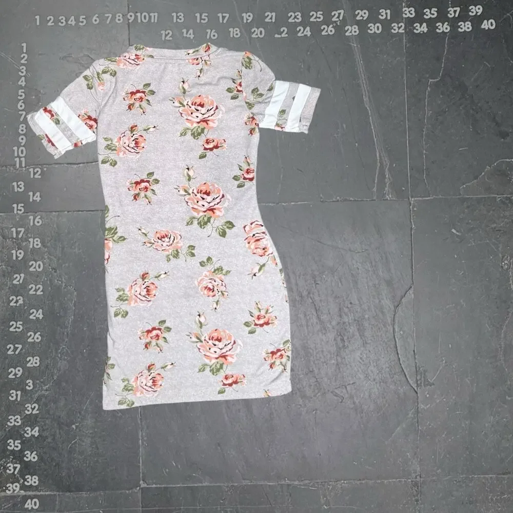 No Boundaries Women's Gray Floral Varsity Stripe T-Shirt Bodycon Mini Dress - Picture 3 of 5